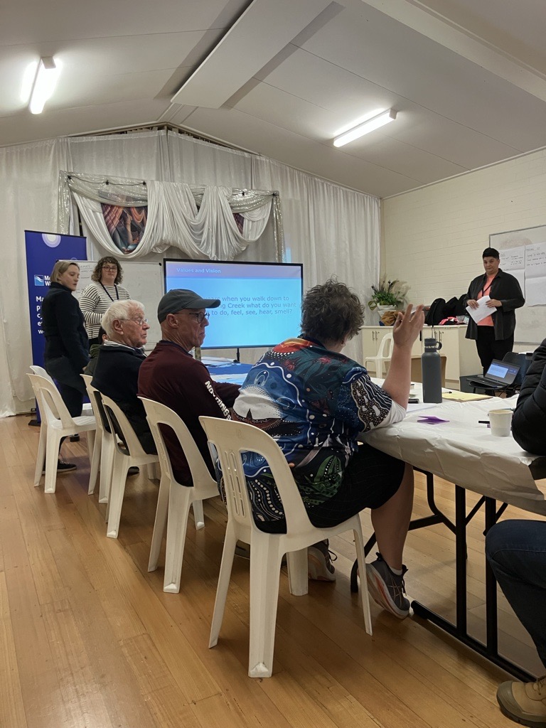 Photo of community members involved in workshop in a community hall. 