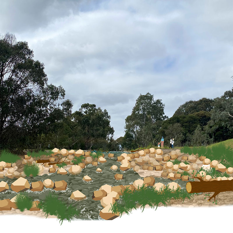 After: Artist's impression of concrete replaced by natural, rocky area