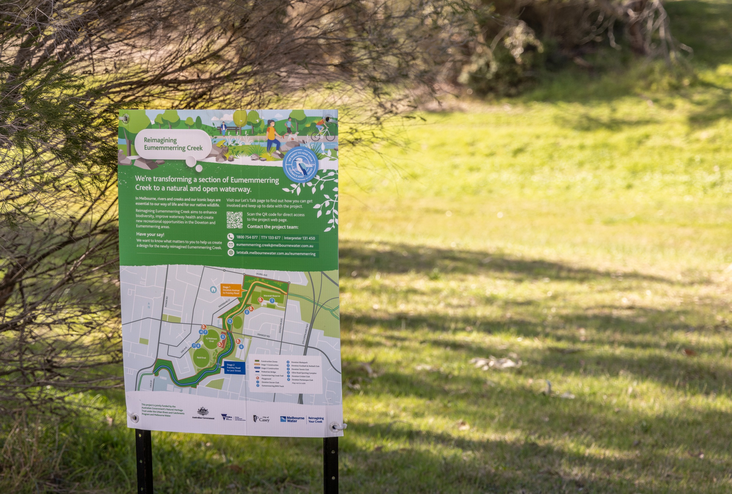 Photo of project sign that is displayed next to a path along Eumemmerring Creek.
