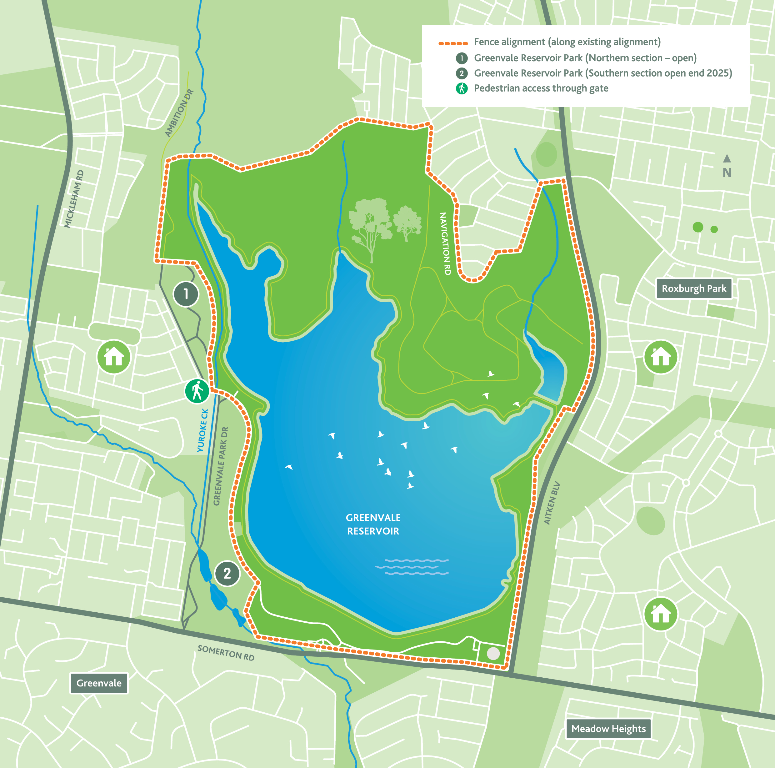 Map of Greenvale Reservoir, showing new security fence along existing fence alignment