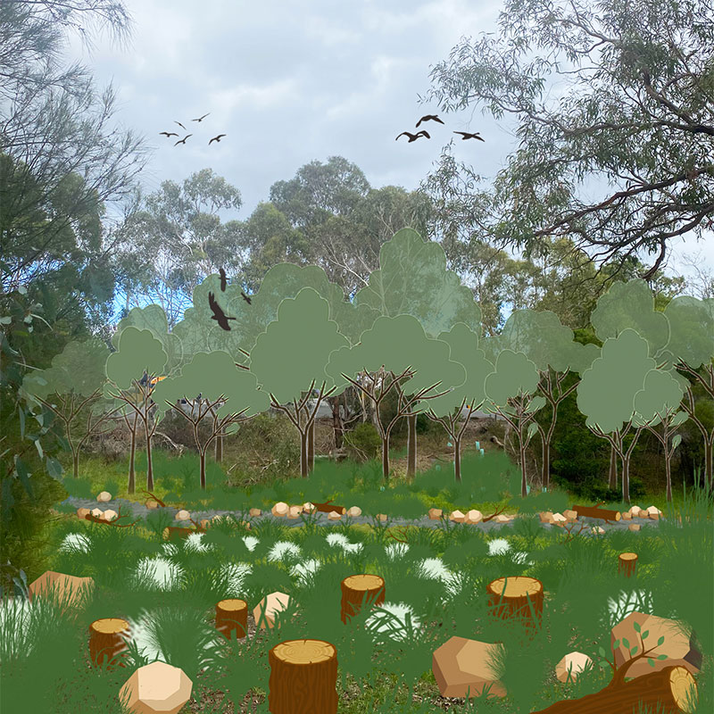 After: Artist's impression of trees screening the view of machinery, with tree stumps and shrubs in the foreground