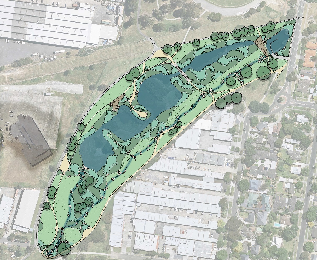 Satelite aerial image of the section of Tarralla Creek where the Croydon Wetand is located. The image has been partially overlayed with a concept drawing showing several pools of water, streams, grass areas and trees