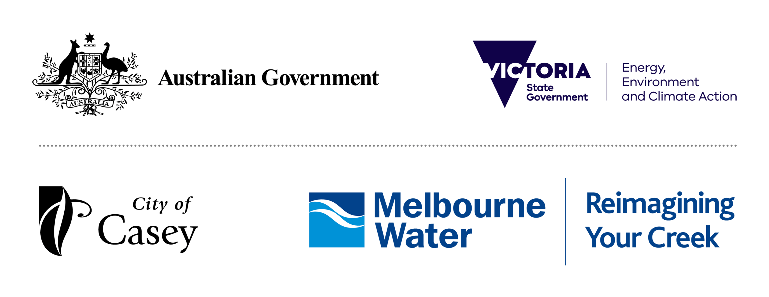 Partner logos: Australian Government, Victoria State Government (Department of Energy, Environment and Climate Action), City of Casey, Melbourne Water - Reimagining Your Creek