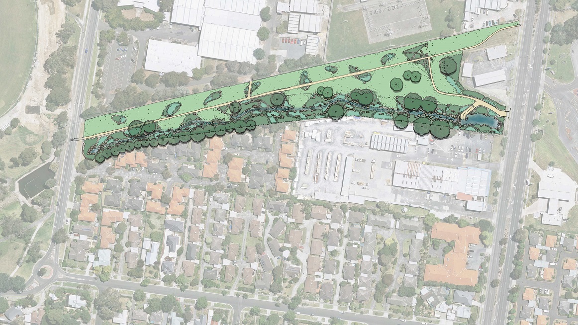 Satelite aerial image of the section of Tarralla Creek between Dorset Road and Norton Road. The image has been partially overlayed with a concept drawing showing trees, grass areas, shared paths and a stream
