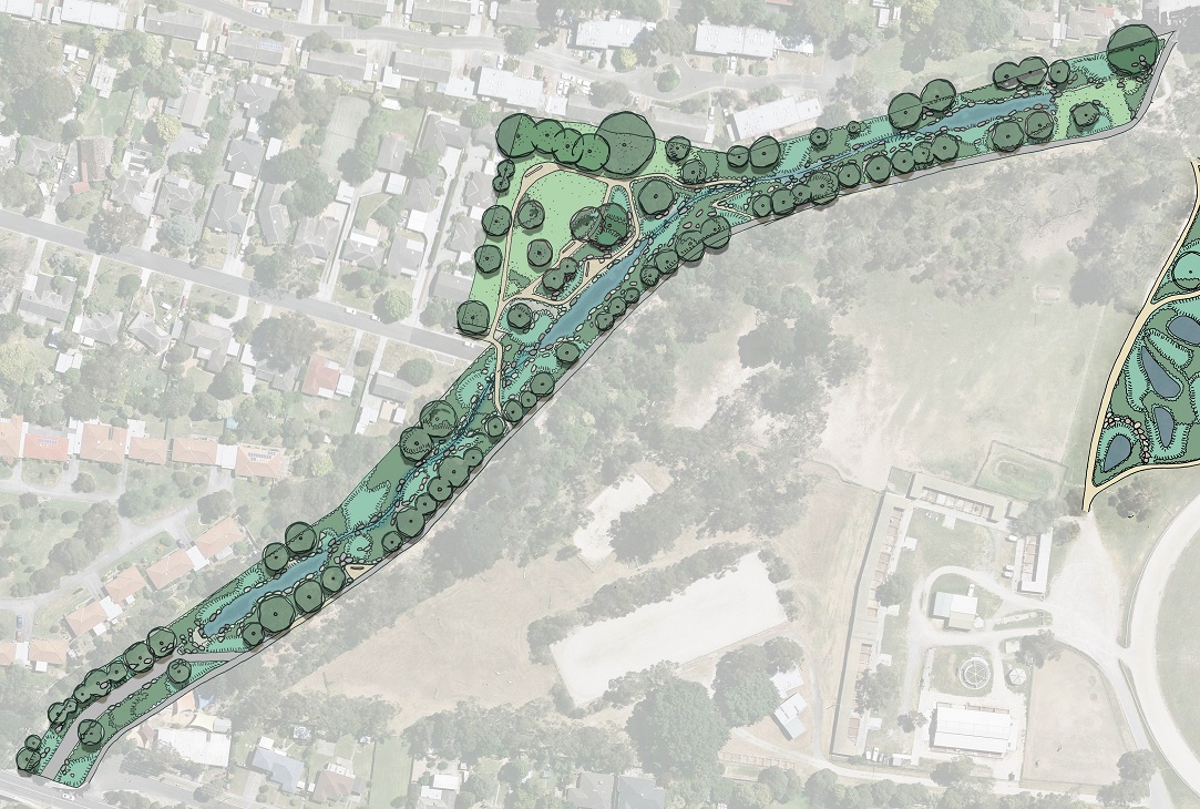 Satelite aerial image of the section of Tarralla Creek between Lusher Road and Eastfield Road. The image has been partially overlayed with a concept drawing showing trees, grass areas, shared paths and a stream