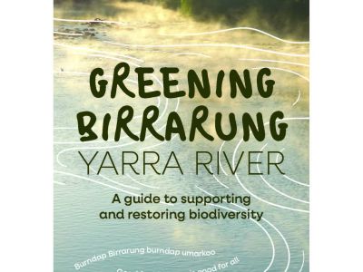 Title page of the new Greening Birrarung Guide - brown text with white swirls over an image of Birrarung